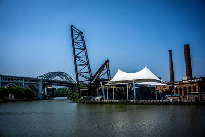 Bridge over river with buildings in background