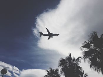 Low angle view of airplane flying against sky