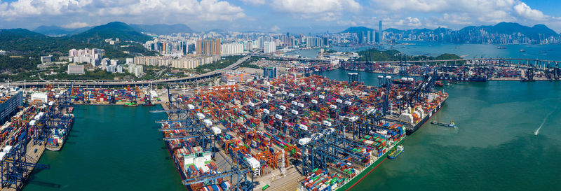 High angle view of commercial dock in city