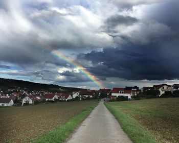 Scenic view of rainbow over houses against sky