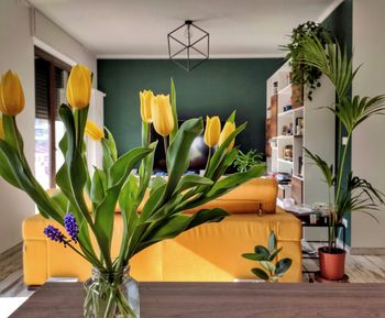 Close-up of yellow tulips in vase on table at home