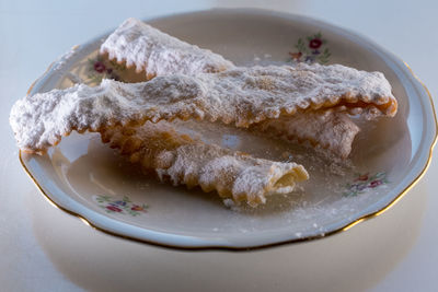 High angle view of cake in plate on table