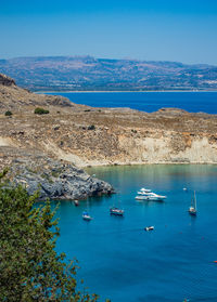 High angle view of boats moored in sea