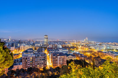 High angle view of townscape against clear blue sky