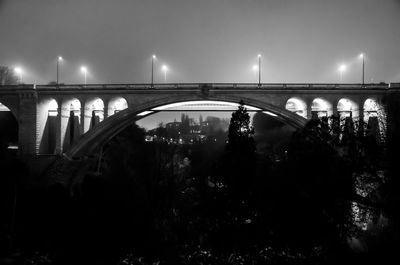 Illuminated bridge over river in city at night