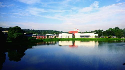 Reflection of building in lake against sky