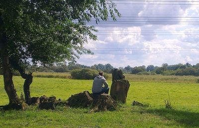 Rear view of people sitting on grassy field