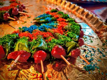 High angle view of multi colored fruits in plate