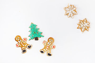 High angle view of christmas decoration on white background