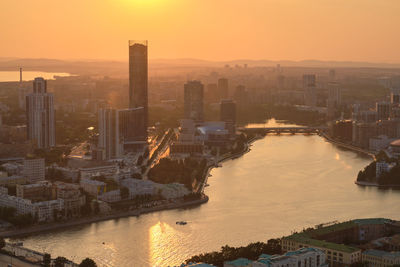 High angle view of city buildings. yekaterinburg, russia, view from the vysotsky skyscraper. sunset.