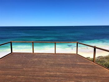 Scenic view of sea against clear blue sky