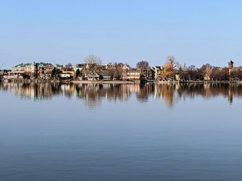 Panoramic view of lake by buildings against clear sky