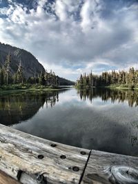 Scenic view of lake by trees against sky