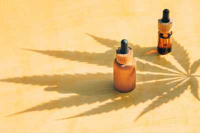 High angle view of beer on table