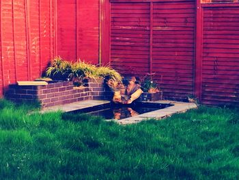 People sitting on grass against brick wall