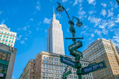 Low angle view of road sign against empire state building in city