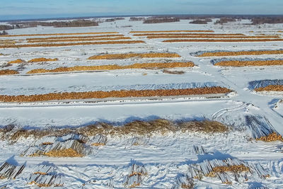 High angle view of snow covered land