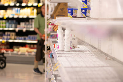 Close-up of shelves in supermarket