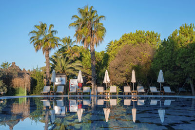 Deck chairs and parasols reflecting on swimming pool at tourist resort