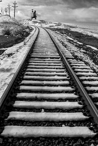 Snow on railroad track against sky on sunny day