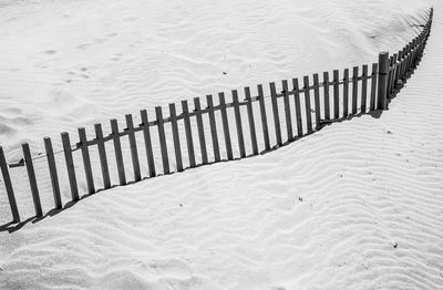 High angle view of wooden fence on beach