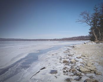 Scenic view of frozen sea against clear sky during winter