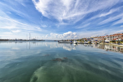 Scenic view of sea against sky in city