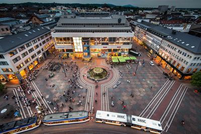 Aerial view of a city square at night