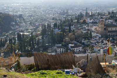 High angle view of buildings in city