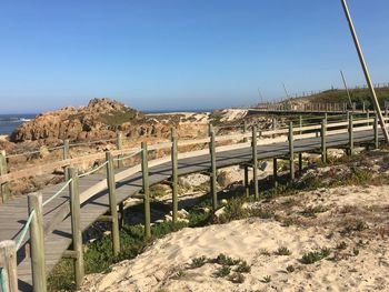 Scenic view of beach against clear blue sky