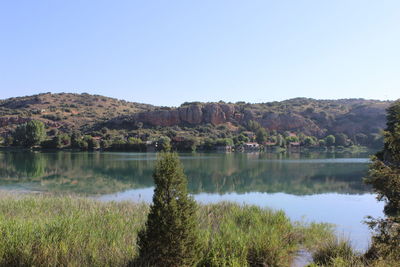 Scenic view of lake against clear sky