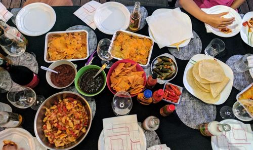 High angle view of various food on table