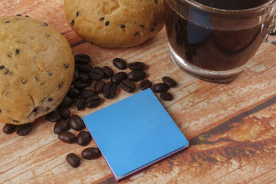 High angle view of coffee beans on table