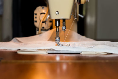 Close-up of fabric on sewing machine