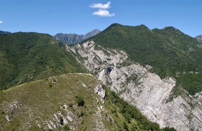 High angle view of land and mountains against sky