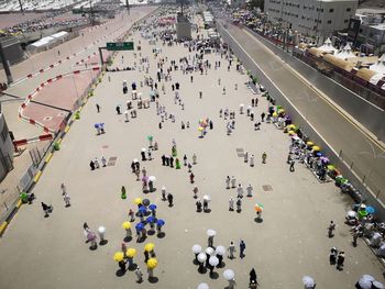 High angle view of people on road in city