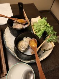 High angle view of food served on table