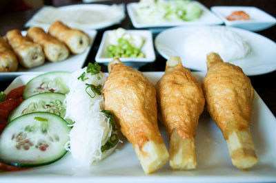 Close-up of food served on table