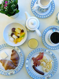 High angle view of breakfast served on table