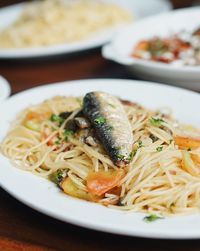 Close-up of noodles served in plate