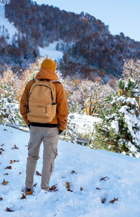 Rear view of man standing on snow covered landscape