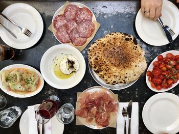 High angle view of food served on table