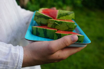 Midsection of person holding watermelon slices