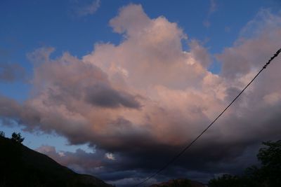 Low angle view of power lines against cloudy sky