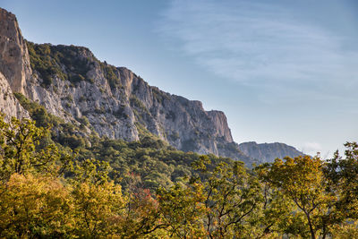 Low angle view of rock formation against sky