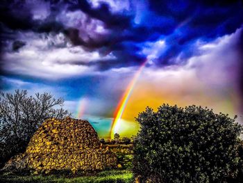 Scenic view of rainbow against sky during sunset