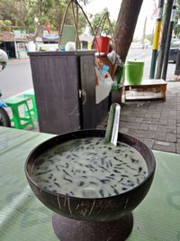 High angle view of drink on table