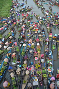High angle view of multi colored umbrellas at market