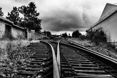 View of railroad tracks against cloudy sky