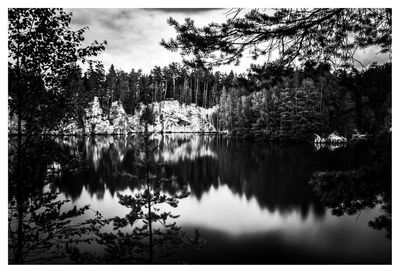 Reflection of trees in lake against sky